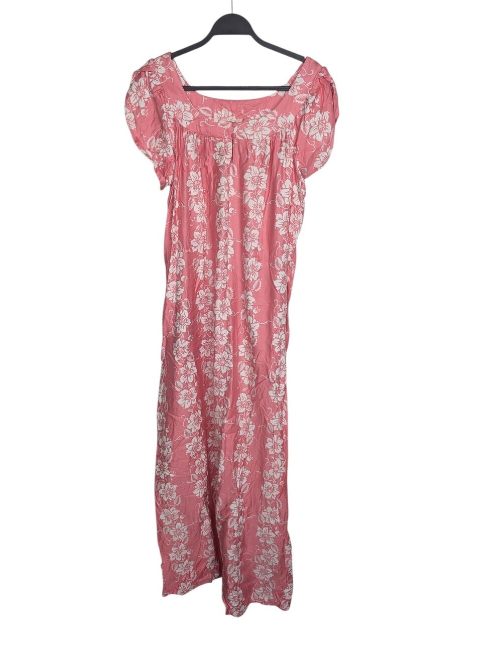 Vintage 70s Sun Fashions Honolulu Hawaii Pink Floral Maxi Dress Puff Sleeve XL